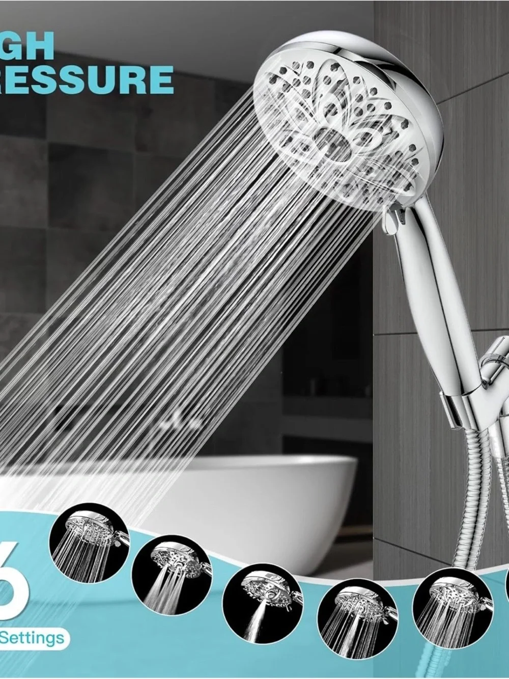 JDO High Pressure Handheld Shower Head 6 Spray Settings Chrome New
